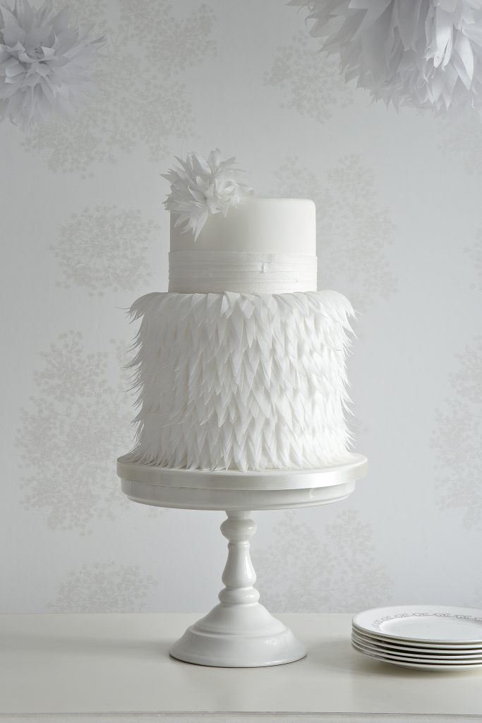 Wafer paper feather wedding cake