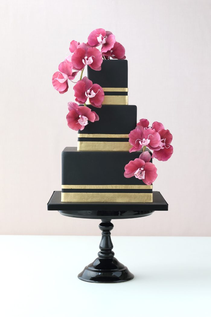 Black and Gold Orchid Wedding Cake